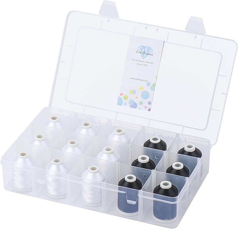 simthread [Box-Upgraded] Machine Embroidery Thread 1000M 9*White 001 + 6*Black 900, with Storage Box Polyester 15 Spools Set for Embroidery Quilting Machine - Image 1